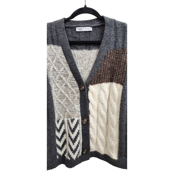 Zara Patchwork Cardigan Sweater Womens Size S Brown Ivory Oversized Chunky - Picture 4 of 14